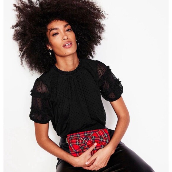 Boden Women’s 16-18 Black Polka Dot Tulle Blouse Sheer Puff Sleeves Whimsigoth - Picture 2 of 12